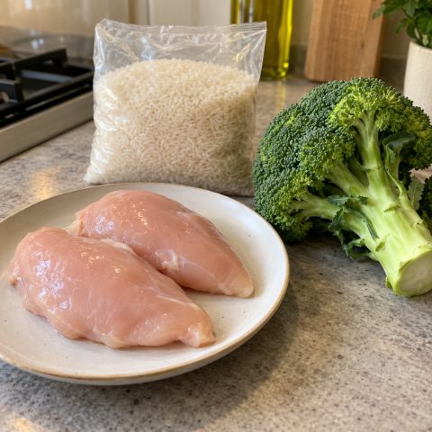 Photo: chicken, rice and broccoli on a counter