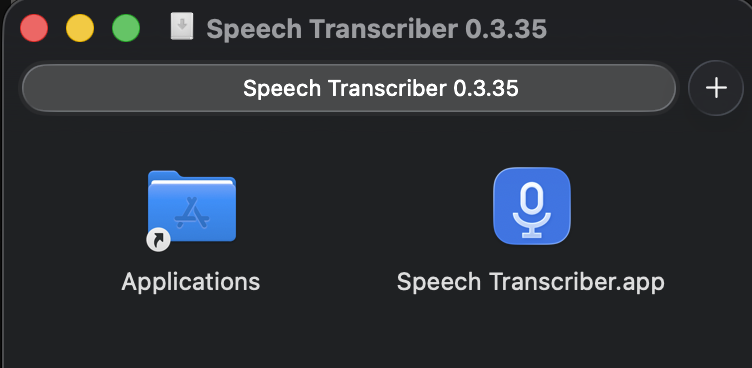 The download window: Applications folder on the left, Speech Transcriber.app on the right